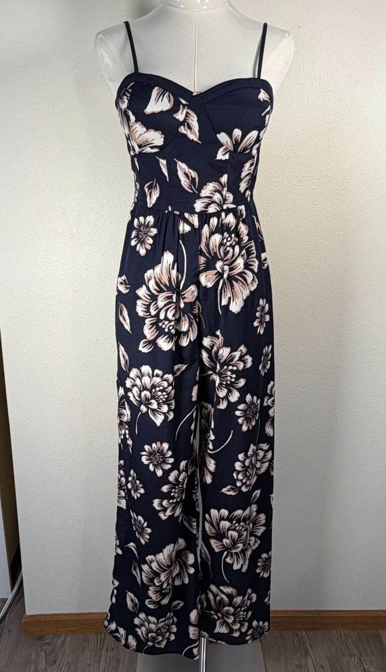 Beyond the Gypsies Women's Small Floral Wide Leg Jumpsuit Navy Boho Strappy